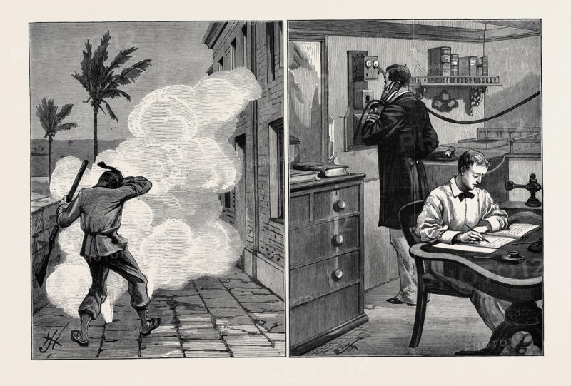 EGYPT; ALEXANDRIA, DEFENCE PREPARATIONS AT THE WATERWORKS: STEAM JETS OUTSIDE THE BOILER ROOM (LEFT); ALEXANDRIA, TELEPHONE ON BOARD H.M.S. "HELICON" COMMUNICATING WITH THE BRITISH CONSULATE