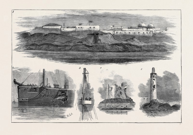 THE WAR IN EGYPT: AFTER THE BOMBARDMENT OF ALEXANDRIA, JULY 11, 1882: 1. Rifled Guns on Moncrieff Carriages in the Fortifications; 2. Damage Sustained by H.M.S. "Superb" During the Action; A. The Place where a Shell Entered; B. Result of the Bursting of the Shell; 3. A Ship's "Top" in Fighting Trim; 4. Tower, Fort Pharos; 5. The Lighthouse, Showing the Damage done by the British Artillery