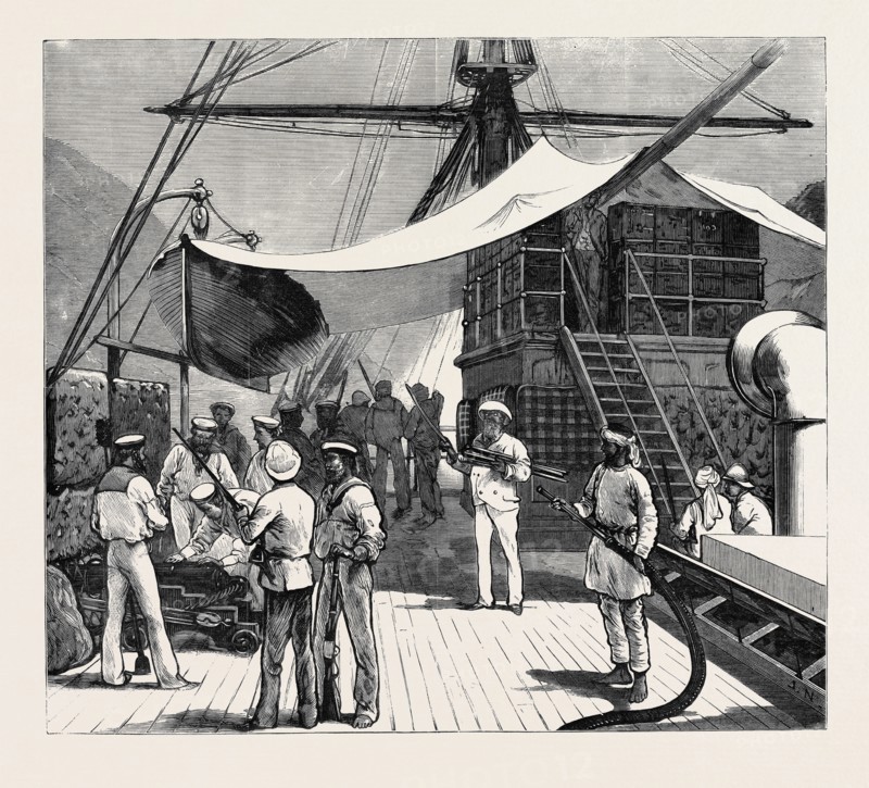 THE WAR IN EGYPT: THE P. AND O. STEAMER "ANCONA " PASSING THROUGH THE SUEZ CANAL WITH HER BRIDGE BARRICADED AGAINST MUSKETRY FIRE
