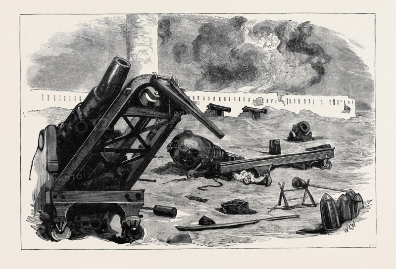 THE WAR IN EGYPT: AFTER THE BOMBARDMENT OF ALEXANDRIA: THE EFFECT OF THE SHELLS FROM H.M.S. "SUPERB" AND "INFLEXIBLE" ON THE GUNS IN FORT PHAROS