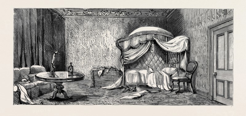 THE WAR IN EGYPT: THE OCCUPATION OF ALEXANDRIA: ARABI PASHA'S BEDROOM IN THE ARSENAL, NOW OCCUPIED BY OFFICERS OF THE NAVY AND MARINES