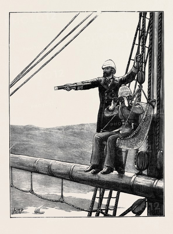 THE WAR IN EGYPT: ON BOARD H.M.S. "CARYSFORT" IN THE SUEZ CANAL, CAPTAIN H.F. STEPHENSON, C.B., AND LIEUTENANT COLONEL JONES, R.E., RECONNOITRING THE EGYPTIAN CAMP AT NEFICHE