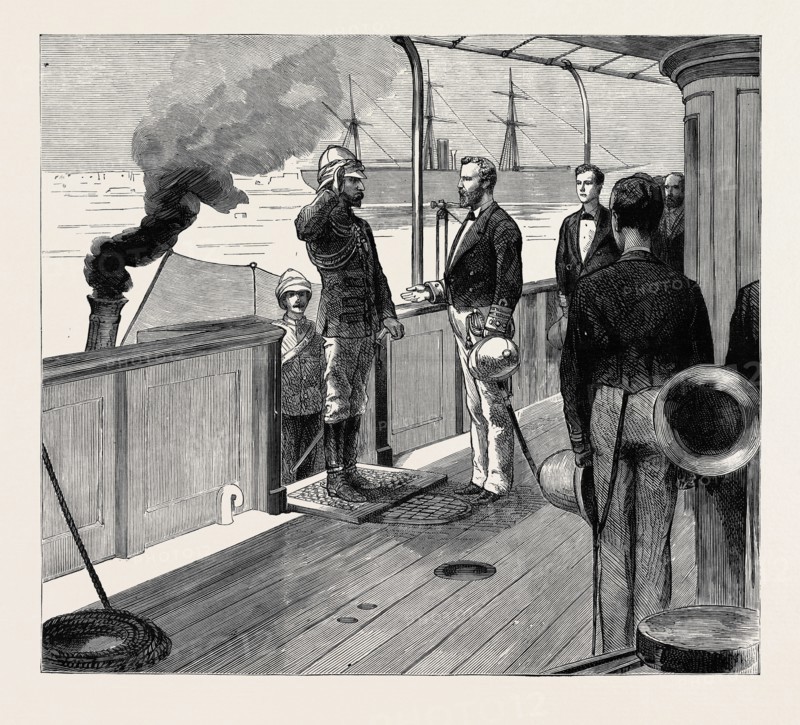 THE WAR IN EGYPT: ARRIVAL OF THE SCOTS GUARDS AT ALEXANDRIA, MAJOR-GENERAL R.H. THE DUKE OF CONNAUGHT REPORTING HIMSELF TO ADMIRAL SIR BEAUCHAMP SEYMOUR ON BOARD THE "HELICON"