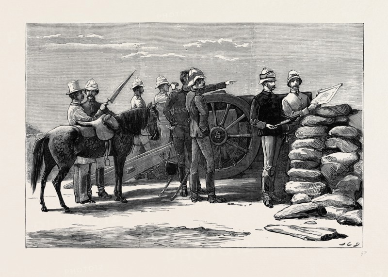THE WAR IN EGYPT: MAJOR-GENERAL H.R.H. THE DUKE OF CONNAUGHT VIEWING ARABI'S POSITION FROM THE FORTY-POUND BATTERY AT RAMLEH