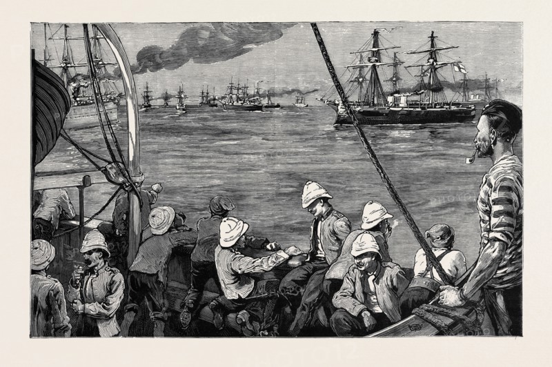 THE WAR IN EGYPT: THE OCCUPATION OF THE SUEZ CANAL: WITH THE GRENADIER GUARDS ON BOARD THE "BATAVIA": BRITISH WAR VESSELS AND TRANSPORTS LEAVING ALEXANDRIA, AUGUST 19