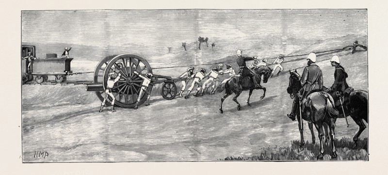 THE WAR IN EGYPT: BLUE-JACKETS FROM H.M.S. "INCONSTANT" HAULING INTO POSITION AT RAMLEH A 7-TON GUN ON A SLING WAGGON