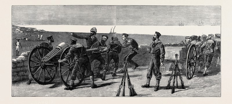 THE WAR IN EGYPT: PLACING A GATLING GUN IN FORT ROYAL, PORT SAID, TO COMMAND THE APPROACH FROM THE ARAB TOWN
