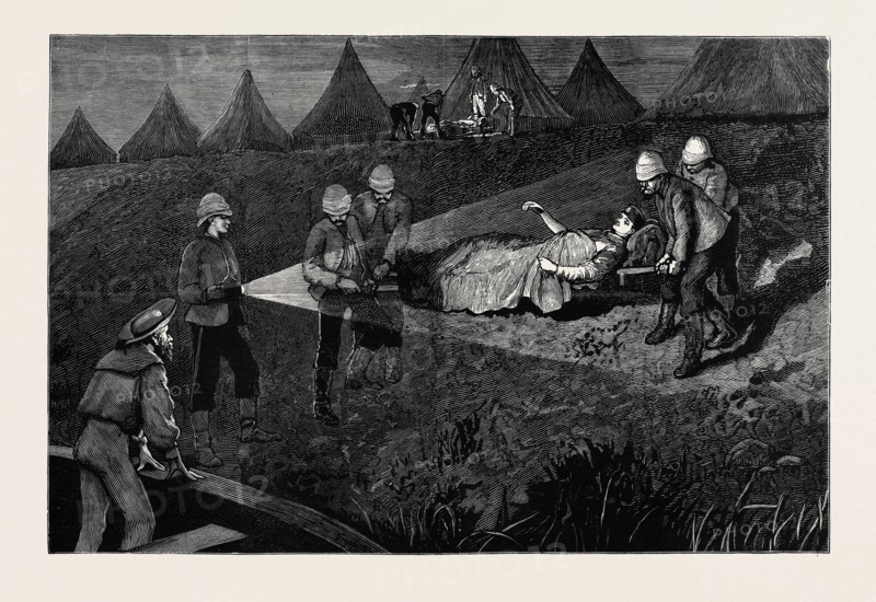 THE WAR IN EGYPT: LIEUTENANT PURVIS, COMMANDER OF THE IRONCLAD TRAIN, BEING TAKEN TO HOSPITAL AFTER THE BATTLE OF KASSASSIN, SEPTEMBER 9