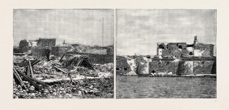 THE WAR IN EGYPT, THE EFFECT OF THE BOMBARDMENT: THE ALEXANDRIA FORTS: THE RUINS OF FORT MEX (LEFT); FORT PHAROS (RIGHT)