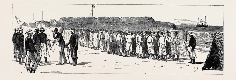 THE WAR IN EGYPT: THE GARRISON OF FORT GHEMILEH SURRENDERING THEIR ARMS TO THE NAVAL BRIGADE, 7 A.M., SEPTEMBER 21