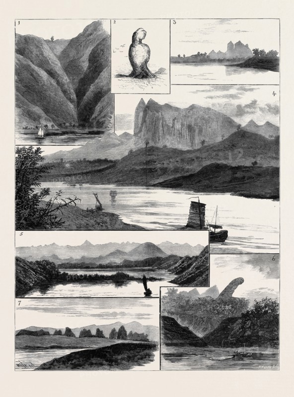 THE COLQUHOUN-WAHAB EXPEDITION THROUGH CHINA, SCENES ON THE CANTON RIVER: 1. In the Shau-Hing Gorge: "The Expectant Wife."; 2. Enlarged Sketch of "The Expectant Wife."; 3. View of the Pak-Shik-Shan, or "White Stone Mountain," from Tai-Wong; 4. Another View of the Pak-Shik-Shan at a Distance of Twenty Miles; 5. View at Daybreak from Mong-Kong; 6. "The Detained Husband," Near Tsun-Pan-Hill; 7. Rugged Isolated "Needled" Limestone Peaks Near Kwei-Yuen