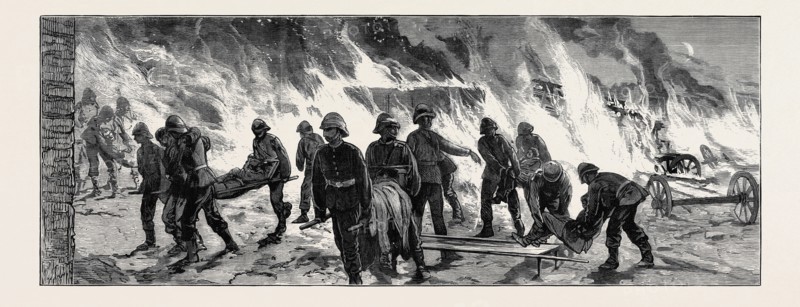 THE WAR IN EGYPT, THE OCCUPATION OF CAIRO: AFTER THE EXPLOSION AT THE CAIRO RAILWAY STATION, SOLDIERS CARRYING THE WOUNDED MEN OF THE 60TH RIFLES