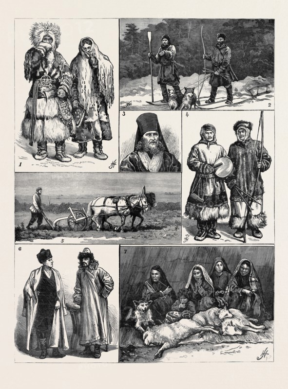 SOME NATIONAL TYPES IN WESTERN SIBERIA: 1. Yurak Samoyede Man and Woman; 2. Russian Peasant Exiles on the Obi; 3. The Archbishop of Krasnoiarsk on the Yenesei; 4. Yurak Shaman or Priest, and Huntsman,; 5. Siberian Ploughing; 6. Siberian Merchant and Tartar Gentleman Exile; 7. Samoyede Women and Dogs.