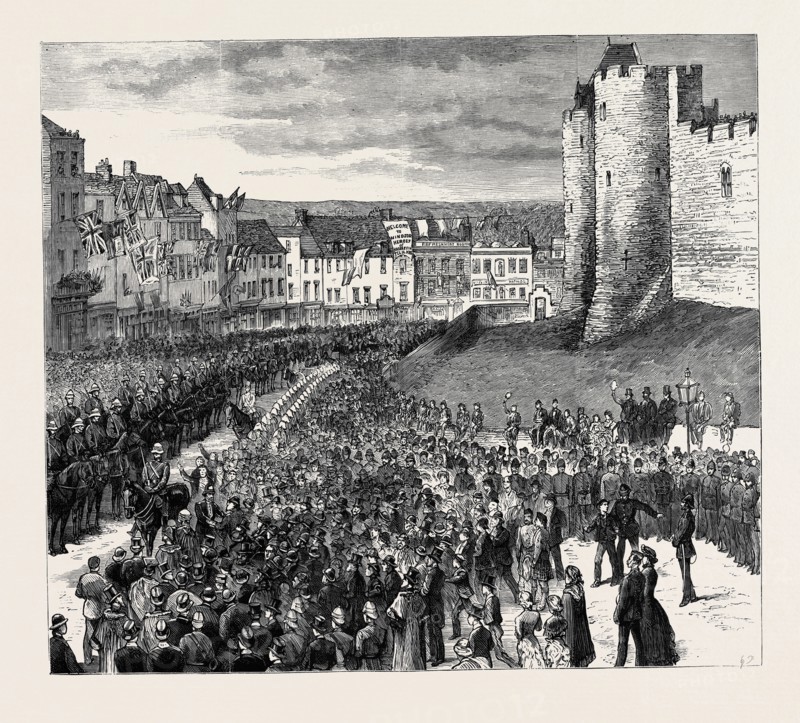 THE RETURN OF THE TROOPS FROM EGYPT: THE RECEPTION OF THE SECOND LIFE GUARDS AT WINDSOR, THE MAYOR PRESENTING AN ADDRESS TO COLONEL EWART ON CASTLE HILL