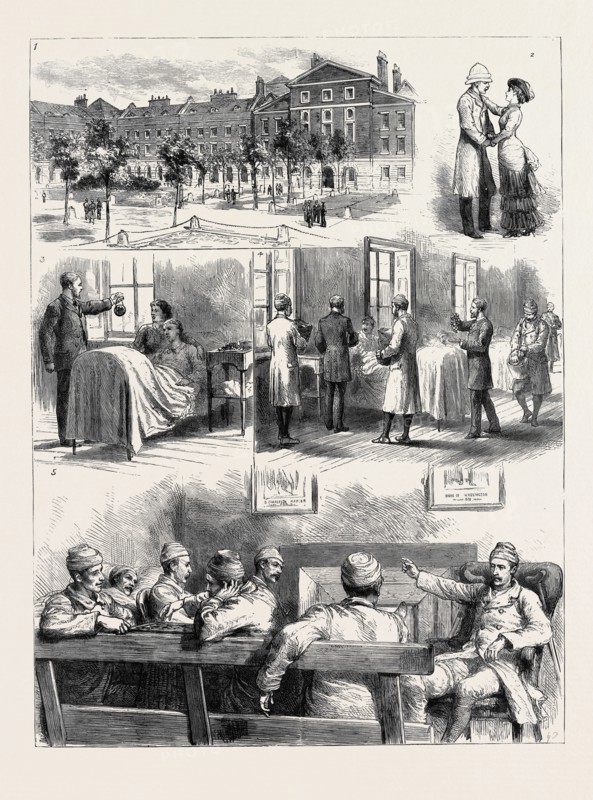 THE RETURN OF THE TROOPS FROM EGYPT, THE WOUNDED IN HASLAR HOSPITAL: 1. The Quadrangle; 2. Recovered; 3. The Boy who Brought Home the Cannon Ball; 4. Distributing Grapes and Tobacco; 5. Old Fights and New Battles