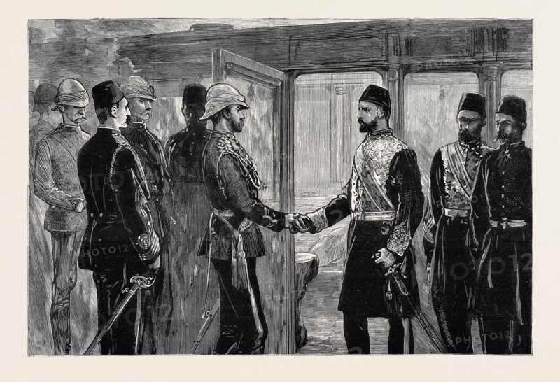 THE RETURN OF THE DUKE OF CONNAUGHT, THE KHEDIVE TAKING LEAVE OF HIS ROYAL HIGHNESS AT THE CAIRO RAILWAY STATION, EGYPT