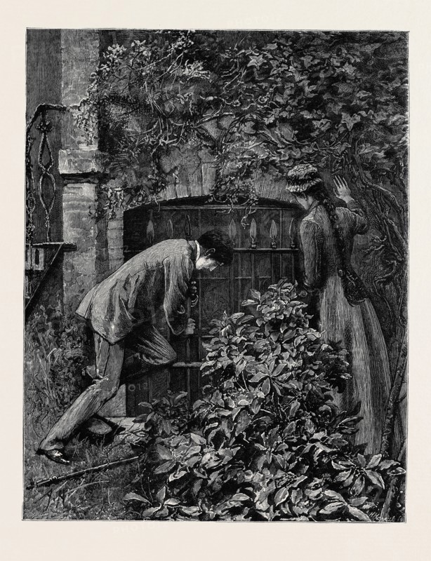 KIT, A MEMORY; BY JAMES PAYN: Three of these iron uprights he shook lightly; each of them in time yielded, and passing them through the holes in the bar that formed their cross support he laid them on the margin of the flower-bed.