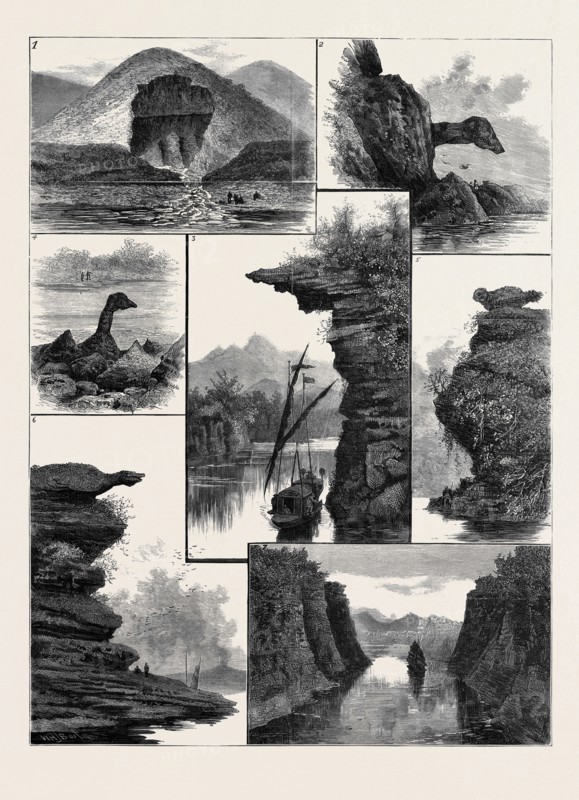 THE COLQUHOUN EXPEDITION THROUGH SOUTHERN CHINA, SCENES ON THE CANTON RIVER: 1. A Rock Near Nan-Ning being Undermined by a Stream; 2. Dog's Nose Rock; 3. Passing Under a Cliff; 4. Swan-Neck Rock in the Nine Swans' Gorge; 5. Demon Dog Rock; 6. Crocodile Point; 7. View up the Rocky Gorge Leading to Ha-ngan