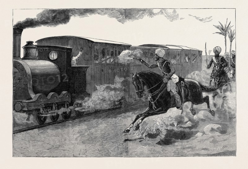 WITH THE INDIAN CONTINGENT IN EGYPT: THE BENGAL CAVALRY CAPTURING RETREATING TRAINS AFTER THE BATTLE OF TEL-EL-KEBIR, SEPTEMBER 13