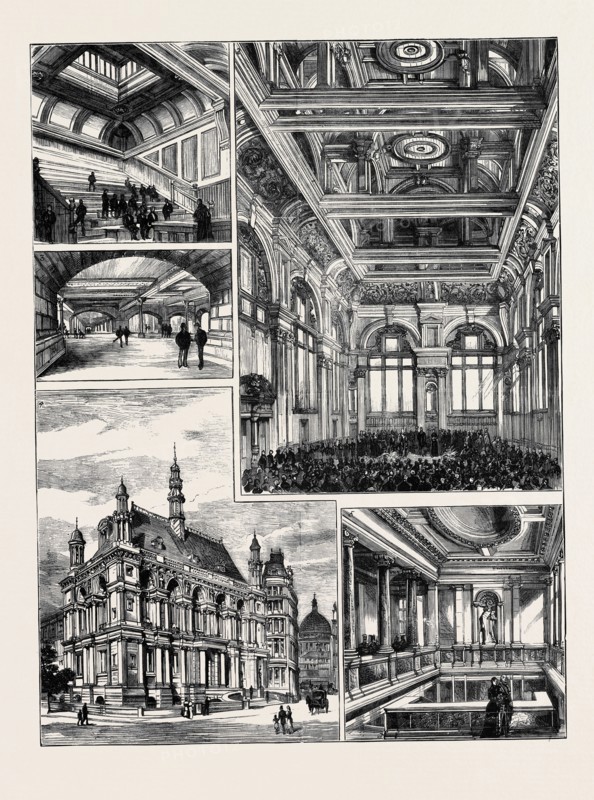 OPENING OF THE NEW BUILDINGS FOR THE CITY OF LONDON SCHOOL ON THE THAMES EMBANKMENT BY THE PRINCE OF WALES: 1. The Theatre; 2. The Opening Ceremony in the Great Hall; 3. The Playground; 4. General View of the Building; 5. The Staircase.