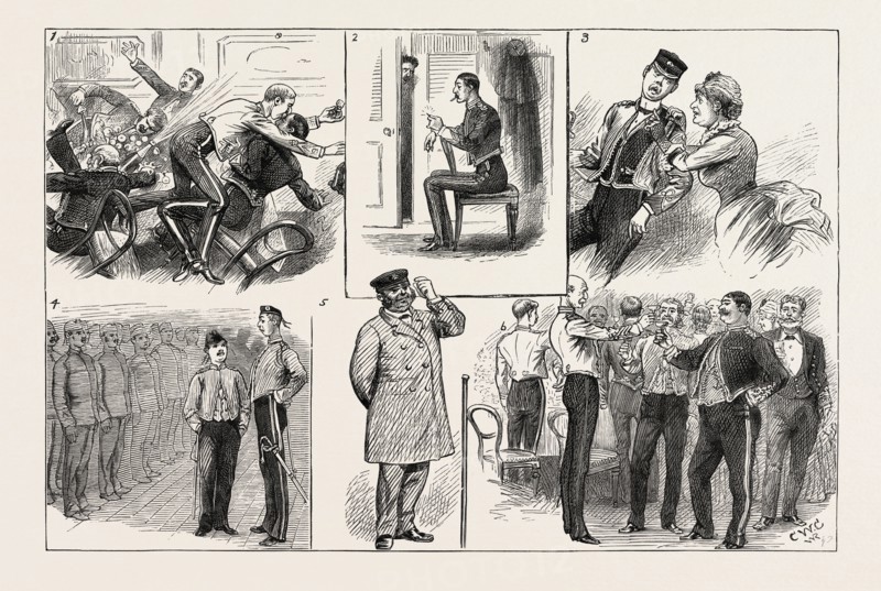 SOME OF THE COMIC ELEMENTS IN THE GROUNDING OF A TROOPSHIP: 1. The Bump. 2. "Bweakers? Anything to Bweak this Confounded Monotony." 3. "You are Unmarried, Mr. B., ; Promise Me That You Will Never Let Tommy, Cissie, Prissie, Peg, Meg, &c., &c., be Drowned or Forsaken! The Colonel Must Save Me." 4. Hearing Mr. Chips, the Carpenter, Reporting No Leak in any Compartment, I Casually Observe to Blunt: "A Man Can Die but Once, Don't You Know." 5. The Carpenter Reports. 6. As the Ship Had Grounded Upon the Only Forty Yards of Soft Stuff in Forty Miles of Rock, the Spirits of the Passengers Revive, and Good Fellowship Prevails.