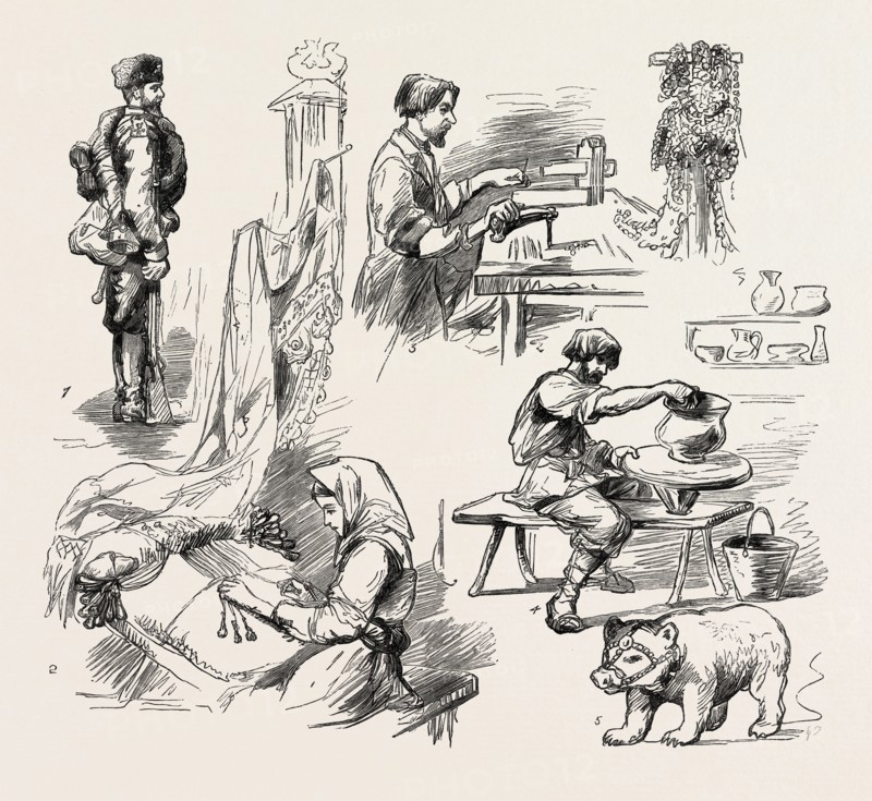 RUSSIAN INDUSTRIES: 1. The New Uniform for the Russian Infantry. 2. A Girl Making Lace. 3. Pearl and Stone-Turner at Work. 4. A Potter. 5. A Model Bear Made by a Moujik.