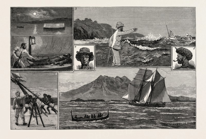 A SURVEYING CRUISE AMONG THE SOLOMON ISLANDS: 1. Outside the Boat. 2. Inside the Boat: "Please, Sir, Here's a Big War Canoe Coming In." 3. Meeting the Bishop of Melanesia at Florida Island. 4. Muli, Chief of Treasury Island. 5. A Native of Treasury Island. 6. Putting Up a Surveying Mark on the Reef. 7. Mount Bonmartini, Bougainville Straits, 8200 Feet.