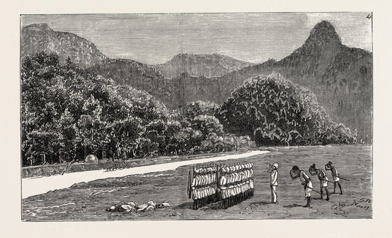 THE EXPEDITION AGAINST THE AKHA MARAUDERS ON THE FRONTIER OF ASSAM: AKHA CHIEF FOLLOWERS, AND ESCORT OF THE FORTY-SECOND ASSAM LIGHT INFANTRY SALUTING AFTER THE ERECTION OF A DISPUTED BOUNDARY PILLAR