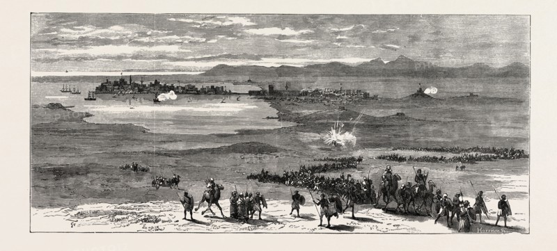 THE REBELLION IN THE SOUDAN (SUDAN): AN ENGLISH WAR-VESSEL FIRING FROM THE PORT OF SUAKIM UPON THE REBELS THREATENING THE TOWN