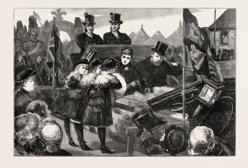 THE VISIT OF THE PRINCE AND PRINCESS OF WALES TO SOUTH DURHAM - THE THREE DAUGHTERS (TRIPLETS) OF CAPTAIN W.J. YOUNG, OF WOLVISTON HALL, PRESENTING A BOUQUET TO THE PRINCESS OF WALES