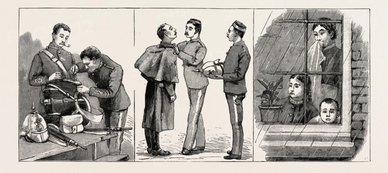 THE REBELLION IN THE SOUDAN (SUDAN), REINFORCEMENTS LEAVING PORTSMOUTH: AT EASTNEY BARRACKS, MARINE ARTILLERY RE-MARKING THEIR KITS BEFORE LEAVING (LEFT); AT THE EASTNEY BARRACKS, THE LAST FRIENDLY SERVICE (CENTRE); "PAPA'S GONE" IN THE MARRIED QUARTERS AT EASTNEY BARRACKS