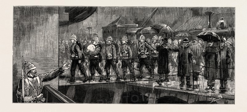 THE REBELLION IN THE SOUDAN (SUDAN), REINFORCEMENTS LEAVING PORTSMOUTH: THE MARINE LIGHT INFANTRY DRAFTS FROM CHATHAM GOING ON BOARD THE P. AND O. SS. "POONAH"