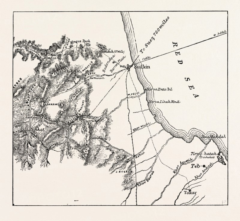 MAP SHOWING THE PLACE WHERE BAKER PASHA WAS DEFEATED, FEBRUARY 4, 1884, AND THE ROUTES FROM THE COAST OF THE RED SEA TO SINKAT AND TOKAR