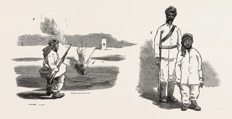 THE REBELLION IN THE SOUDAN (SUDAN), THE MATERIAL WITH WHICH BAKER PASHA WAS EXPECTED TO DEFEAT THE REBELS: 4. Startling Result: The Bullet Hits the Ground Ten Yards Off. 5. The Day of Excitement is Too Much for Him; He Takes a Drop Too Much, and Passes the Night in the Guard-Room.