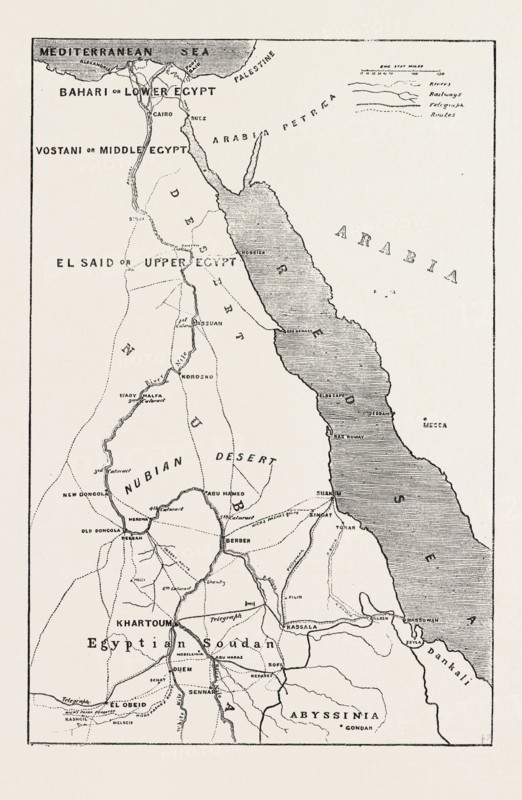 THE REBELLION IN THE SOUDAN (SUDAN): MAP SHOWING UPPER EGYPT AND THE SEAT OF THE REVOLT, THE ROUTES ACROSS THE DESERT TO KHARTOUM, AND THE TOWNS WHERE EGYPTIAN GARRISONS ARE BELEAGUERED