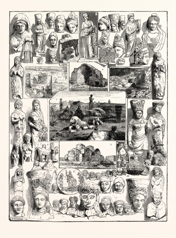 CYPRIOTE ANTIQUITIES DISCOVERED AT THE TEMPLE OF ARTEMIS, AT ACHNA AND AT SALAMIS: 1. This Illustration and the Busts and Figures Bordering the Page Show Different Types of the Goddess Artemis from the Temple at Achna. 2. Part of Mosaic Picture in the Exedra, or Recreation Hall, of a Graeco-Roman Bath Discovered at Salamis. 3. Mosaic Pavement of the Exedra. 4. The Exedra. 5. General View of the Bath. 6. Chapel of St.Barnabas, Near Salamis. 7. View of the Excavations at Salamis. 8. Exterior of the Church and Monastery of St. Barnabas. 9. Stone Perfume Vessels Representing Hécate Trimorphos, Found in the Temple of Artemis. 10. Fragments of Rare Sacred Vessels from the Temple: (a) Stone Perfume Vessel; (b) Ancient Lamp; (c) Atys' Sacred Pine Tree ; (d) Vessels Dedicated to Atys. 11. Bronze Mirror of Athene, from the Bath at Salamis.
