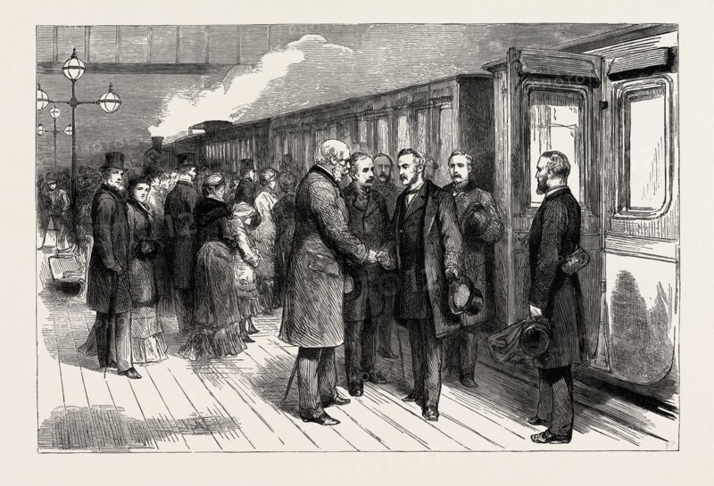 THE MISSION TO THE SOUDAN (SUDAN), "GOODBYE" AT CHARING CROSS STATION, LONDON. In the foreground: Duke of Cambridge, General Gordon, Lord Wolseley and Colonel Stewart