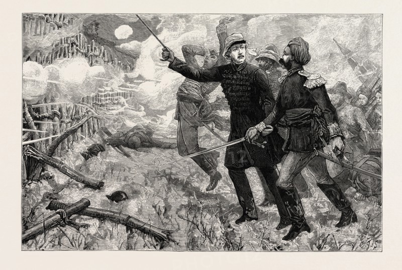 GORDON IN CHINA, 1863 - 4, LEADING THE "EVER VICTORIOUS ARMY": "The officers of his force were brave men enough, but were not always ready to face their desperate antagonists. Gordon, in his mild way, would take one or other of these by the arm, and lead him into the thick of the fire. ...He carried one weapon to direct his troops, he had but a little cane, and this soon won for itself the name of 'Gordon's magic wand of victory.' "