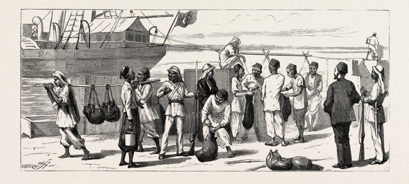 THE REBELLION IN THE SOUDAN (SUDAN), WITH BAKER PASHA'S EXPEDITION TO RELIEVE TOKAR: THE CONDENSING SHIP "DIB EL BAHR" CONDENSING WATER FOR THE TROOPS AT TRINKITAT