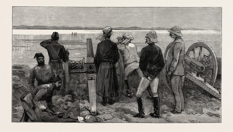 THE REBELLION IN THE SOUDAN (SUDAN), WITH BAKER PASHA'S EXPEDITION TO RELIEVE TOKAR: BAKER PASHA AND HIS STAFF IN THE LINES AT TRINKITAT WATCHING SPIES CARRYING AN ULTIMATUM TO THE ENEMY BEFORE THE ADVANCE TO RELIEVE TOKAR