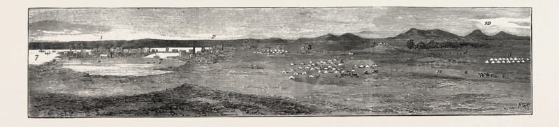 THE REBELLION IN THE SOUDAN (SUDAN): GENERAL VIEW OF SUAKIM WITH ITS FORTIFICATIONS; 1. Island of Suakim. 2. Ghef, or Native Town. 3. Fort with Four  Earthworks, with Two Guns Protecting the Wells. 5. Wells Supplying the Town with  Camp of the British Men-of-War. 8. Causeway Between the Island and Ghef. 9. Stores for Coal, and Lazaretto. 10. Tamanib, about fifteen miles S.W. from Suakim. 11. Road to Berber