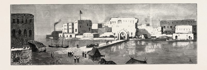THE REBELLION IN THE SOUDAN (SUDAN): THE CAUSEWAY AT SUAKIM DEFENDED BY THE GUNS OF H.M.SS. "WOODLARK" AND "RANGER"