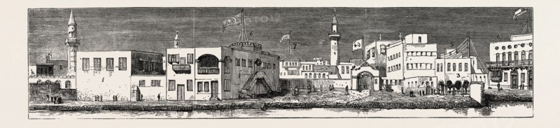 THE REBELLION IN THE SOUDAN (SUDAN): THE LANDING PLACE AT SUAKIM; 1. Governor's House. 2. Custom House. 3. Egyptian Telegraph Office. 4. The English Consulate, Residence of the Late Commander Moncrieff. 5. Turkish Telegraph Office Communicating with Djeddah Cable. 6. Post Office. 7. Greek Consulate. 8. Gate Leading to the Custom House Yard and the Yard of the Governor's House.