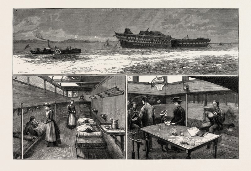 THE SMALLPOX EPIDEMIC AND THE METROPOLITAN ASYLUMS BOARD: THE "RED CROSS" NEW AMBULANCE STEAMER: 1. The "Red Cross" Carrying Patients to the Hospital Ships at Long Reach. 2 & 3. Cabins of the "Red Cross."