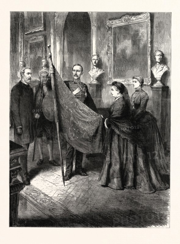 A TROPHY FROM THE SOUDAN (SUDAN): LIEUTENANT WILFORD LLOYD PRESENTING ONE OF THE MAHDI'S FLAGS TO THE QUEEN