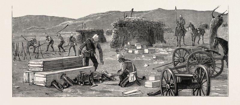 THE REBELLION IN THE SOUDAN (SUDAN), THE RELIEF OF TOKAR, AFTER THE SECOND BATTLE OF TEB: THE REBEL HEADQUARTERS AT EL DUBBA, MAGAZINE OF ARMS AND AMMUNITION TAKEN BY THE REBELS FROM BAKER PASHA'S FORCE