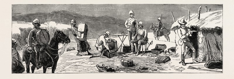 THE REBELLION IN THE SOUDAN (SUDAN), THE RELIEF OF TOKAR, AFTER THE SECOND BATTLE OF TEB: THE REBEL HEADQUARTERS AT THE VILLAGE OF EL DUBBA, THREE MILES BEYOND TOKAR, GENERAL GRAHAM FINDING THE LOOT OF BAKER PASHA'S FORCE
