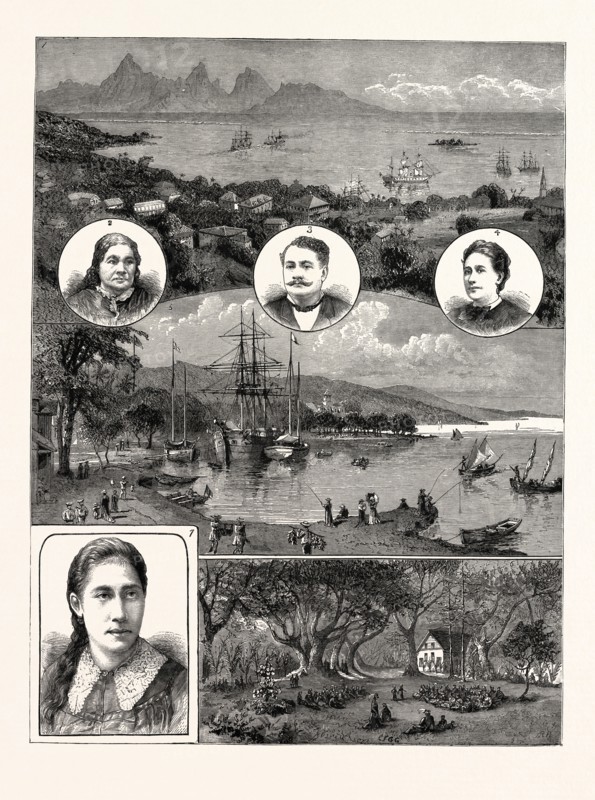 THE VISIT OF QUEEN MARAU OF TAHITI TO EUROPE: 1. Moorea and Papeete from the Semaphore, Tahiti. 2. The Late Queen Pomare IV. 3. King Pomare V. 4. Titaua (now Mrs. Dassie), Queen Marau's Sister. 5. Papeete, Tahiti. 6. Himenes at Hitiaa, Tahiti. 7. Queen Marau