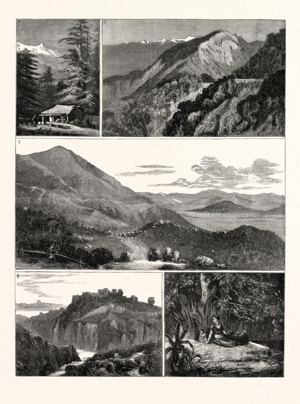 ON THE WAY TO AN INDIAN HILL STATION: 1. At Menali in the Kulu Valley. 2. View from the Hill Station of Dalhousie. 3. The Hill Station of Dhurmsala in the Kangra Valley. 4. Kangra Fort. 5. A Kulu Woman.