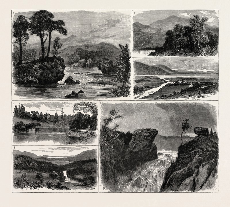 VIEWS IN THE VALE OF RANNOCH, PERTHSHIRE, SCOTLAND: 1. The Peak of Schiehallion, seen from the Bifurcation of the Tummel River. 2. The Woods of Crossmount, and Peak of Schiehallion from the Gorge below the Terraces of Dunalastair. 3. Village of Kinloch Rannoch, Loch Rannoch in the Distance. 4. Iron Bridge over the River Tummel. 5. Valley of the Tummel from Crossmount Woods, Loch Rannoch in the Distance. 6. Falls of the Tummel, Dunalastair